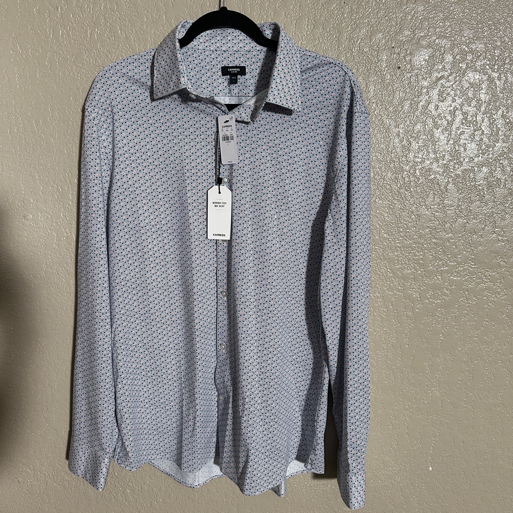 Express Blue/White/Peach Button Down Shirt (Nwt)